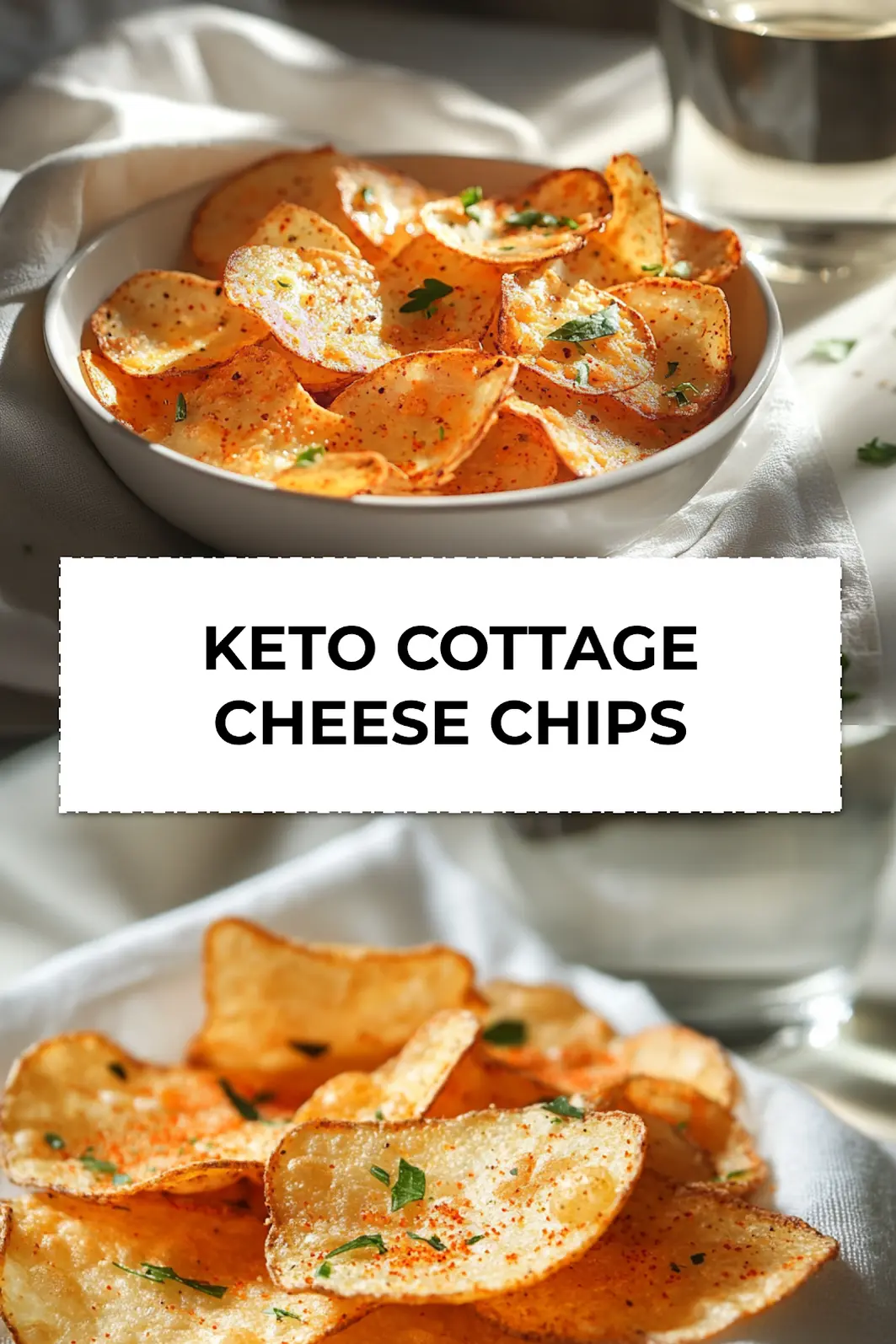 Baked Keto Cottage Cheese Chips stacked on napkin with herbs and paprika