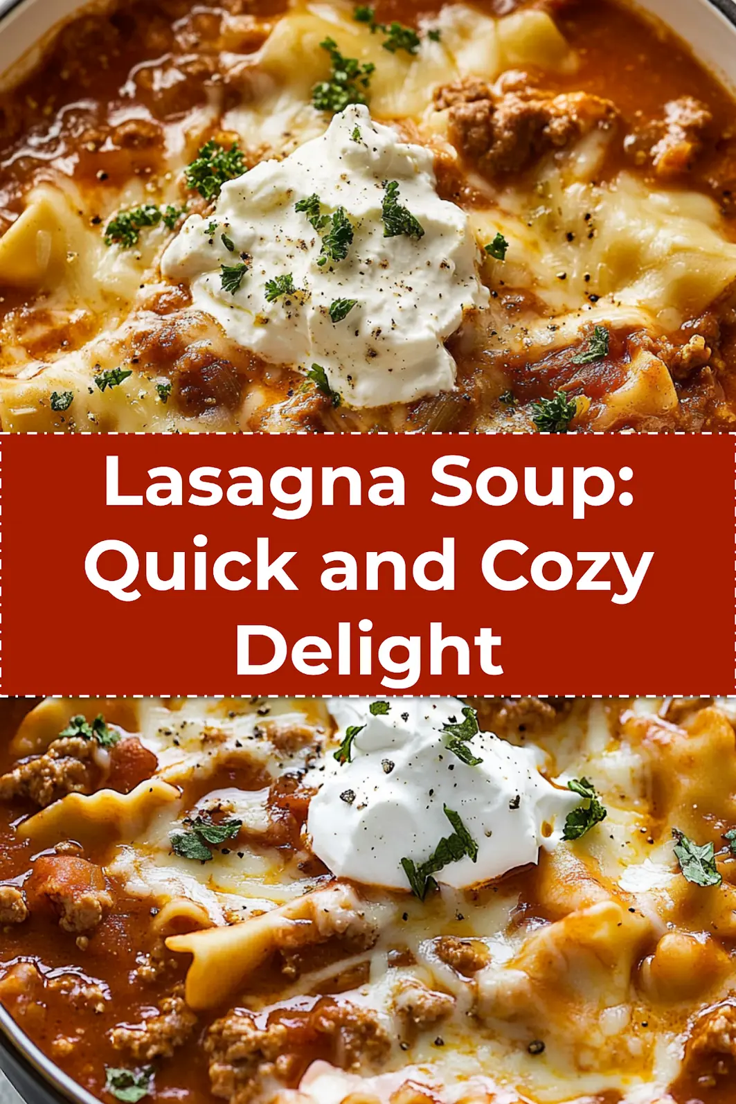 Lasagna Soup: Easy and Irresistible Cozy Recipe 3 Overhead shot of creamy lasagna soup in a white bowl, garnished with fresh parsley and melty cheese