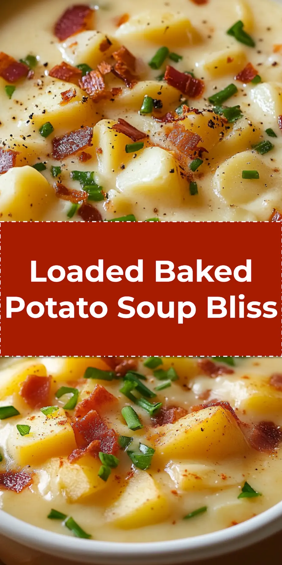 Loaded Baked Potato Soup in serving bowl garnished with chives and bacon with spoon on marble background