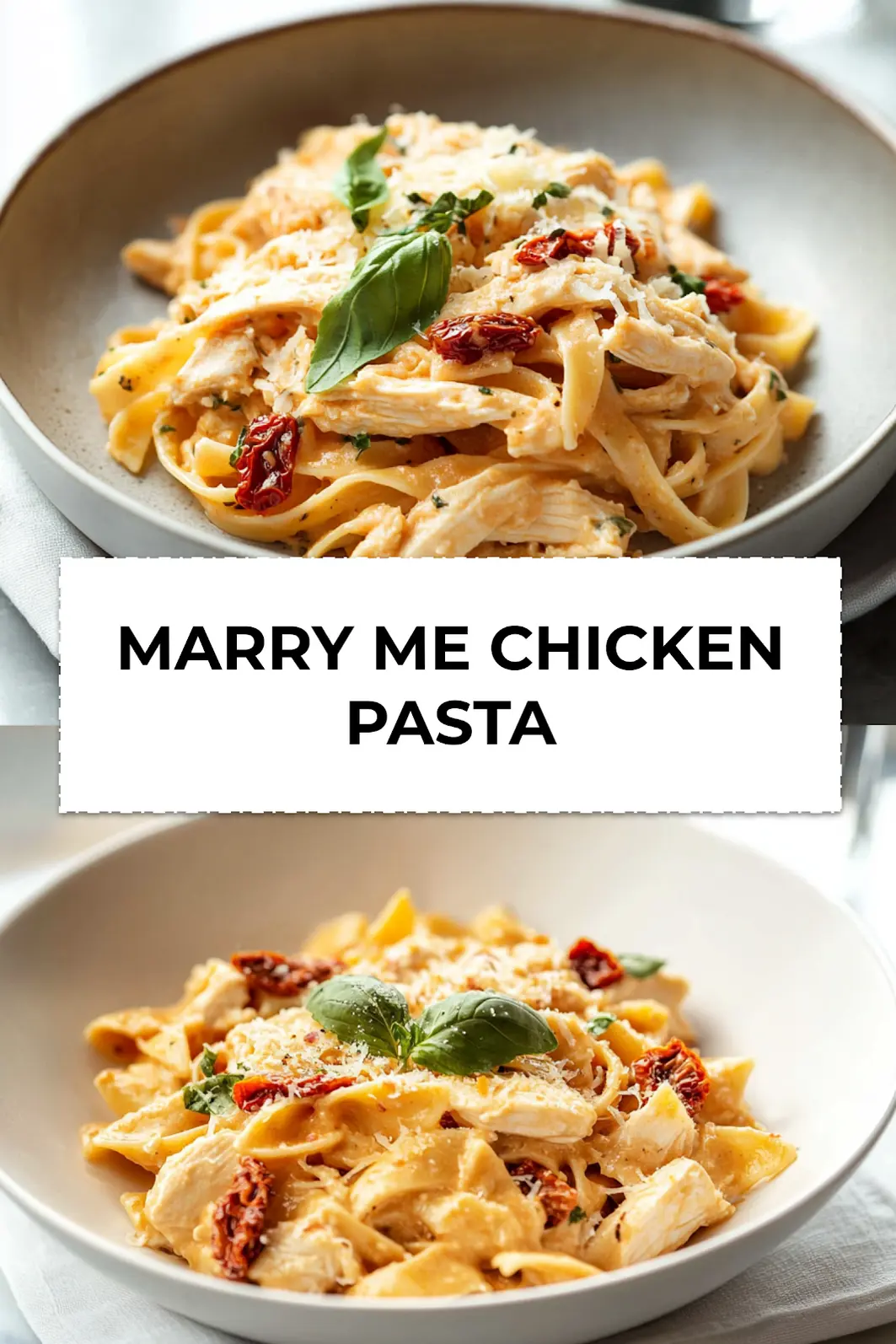 Finished dish of Marry Me Chicken Pasta elegantly plated with shredded chicken, basil, and sun-dried tomatoes