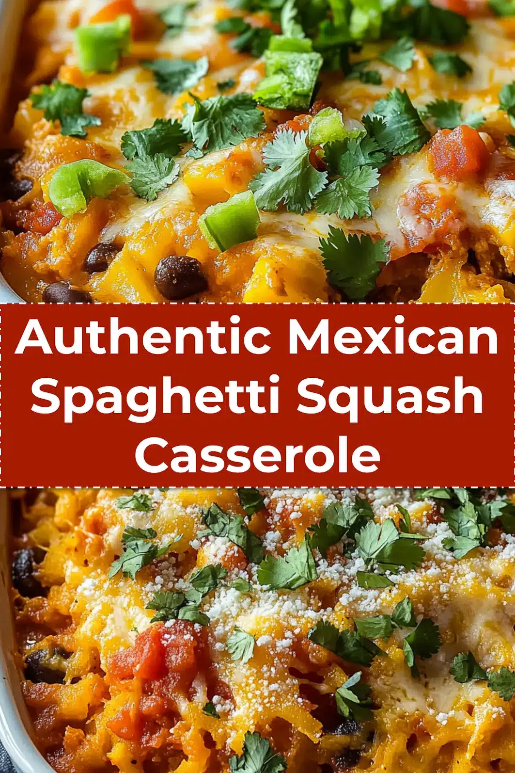 Baked Mexican Spaghetti Squash Casserole topped with melted cheese, fresh cilantro, and served in a white dish