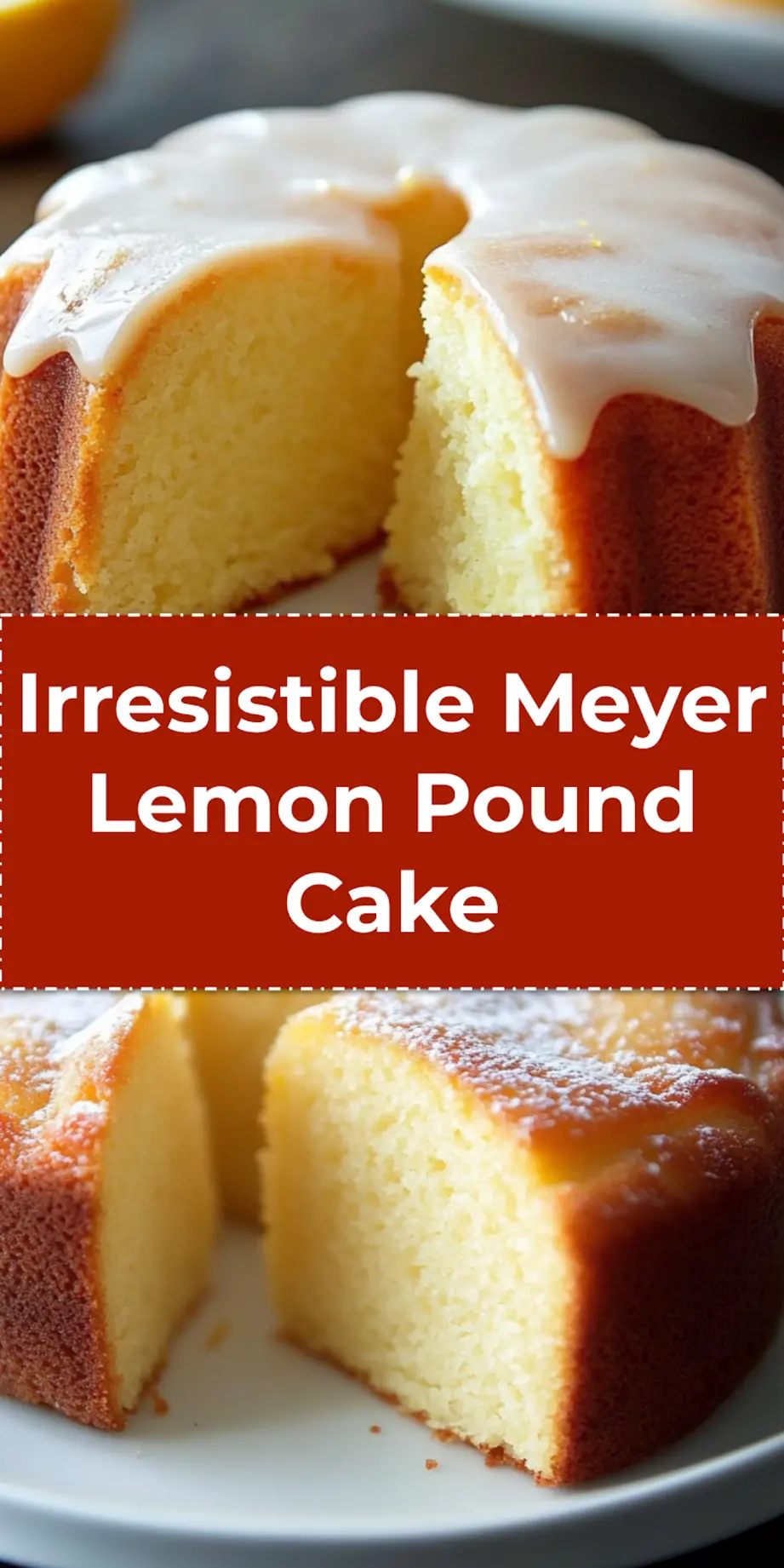 Glazed Meyer Lemon Pound Cake sliced and ready to serve on white plate