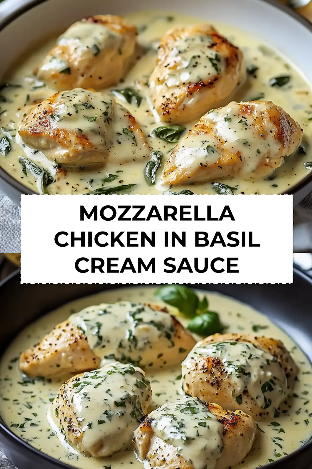 Finished Mozzarella Chicken in Basil Cream Sauce served in skillet with melting cheese and fresh basil leaves