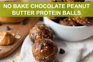 NO BAKE CHOCOLATE PEANUT BUTTER PROTEIN BALLS on wooden board with cloth and glass water