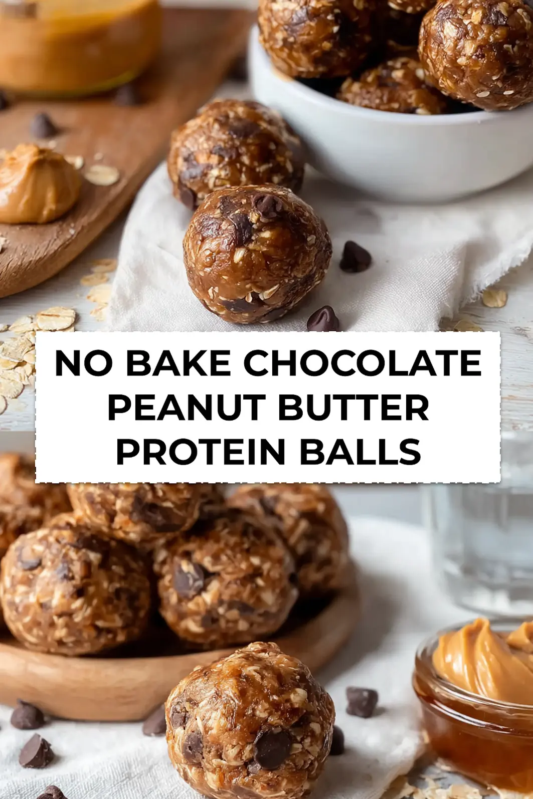 No-Bake Chocolate Peanut Butter Protein Balls: Easy Delicious Recipe 3 No-Bake Chocolate Peanut Butter Protein Balls chilled and stacked on cutting board ready for snack or kids lunchbox