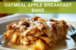 OATMEAL APPLE BREAKFAST BAKE golden baked square with walnuts and cinnamon on white napkin