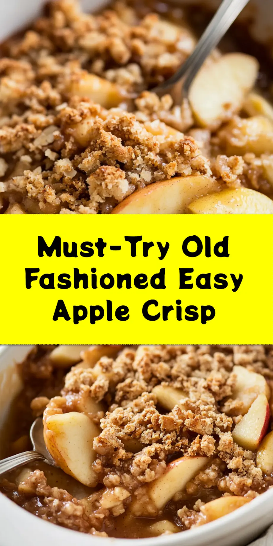 Old Fashioned Easy Apple Crisp fresh from the oven in a baking dish with golden crisp topping and apples peeking through