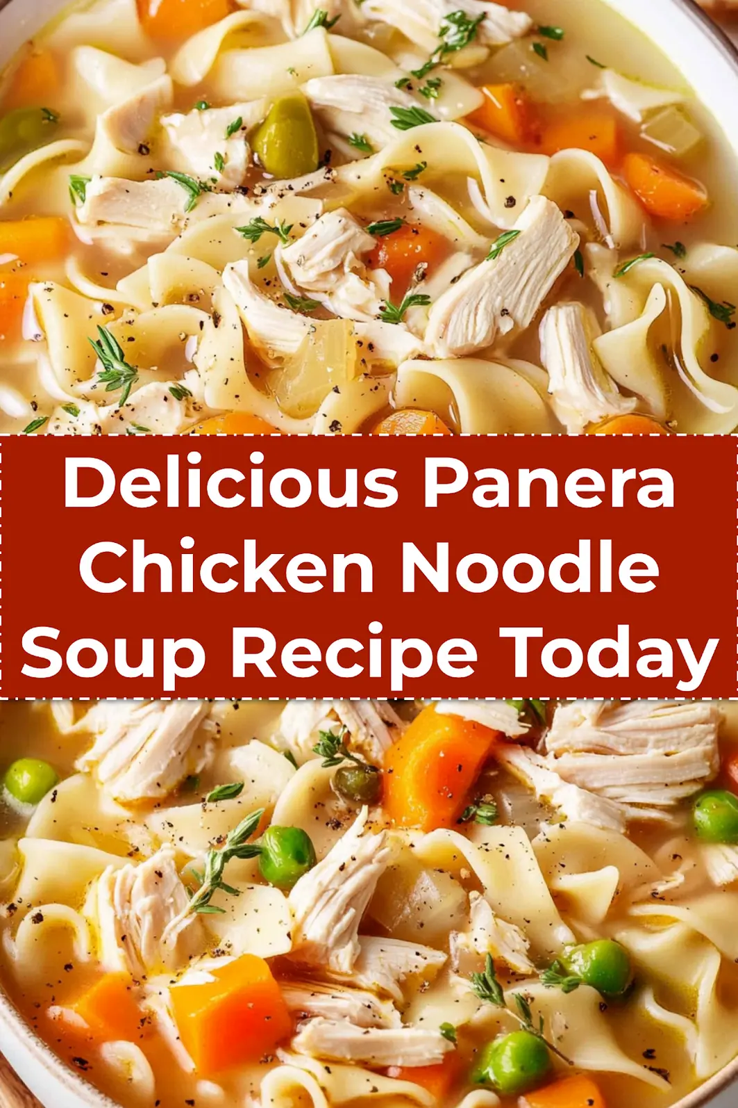 Panera Chicken Noodle Soup served hot in a white bowl with steam rising and herbs sprinkled on top