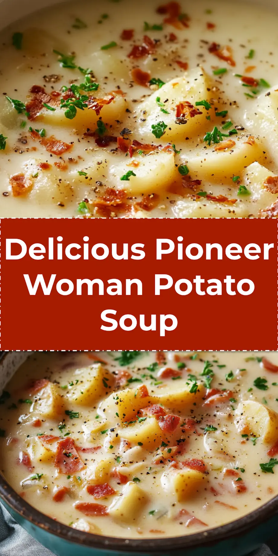 Final bowl of Pioneer Woman Potato Soup garnished with bacon, cheese, and parsley on a countertop