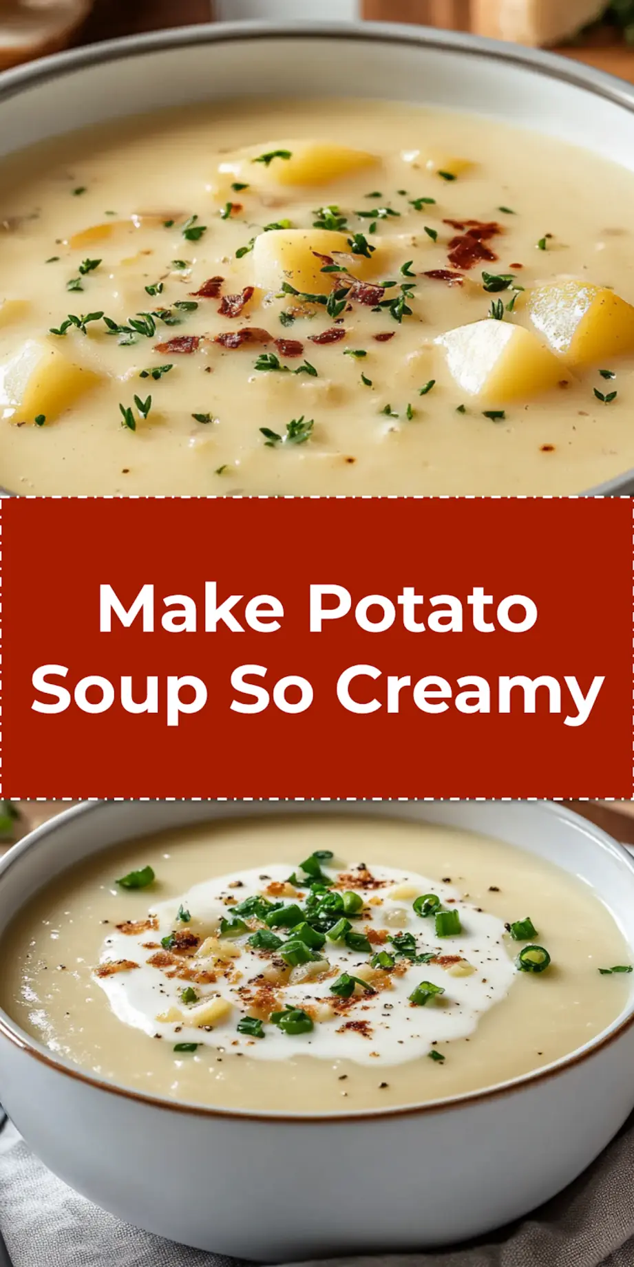 Close-up overhead of creamy potato soup served warm with a sprinkle of green herbs and side of sourdough bread