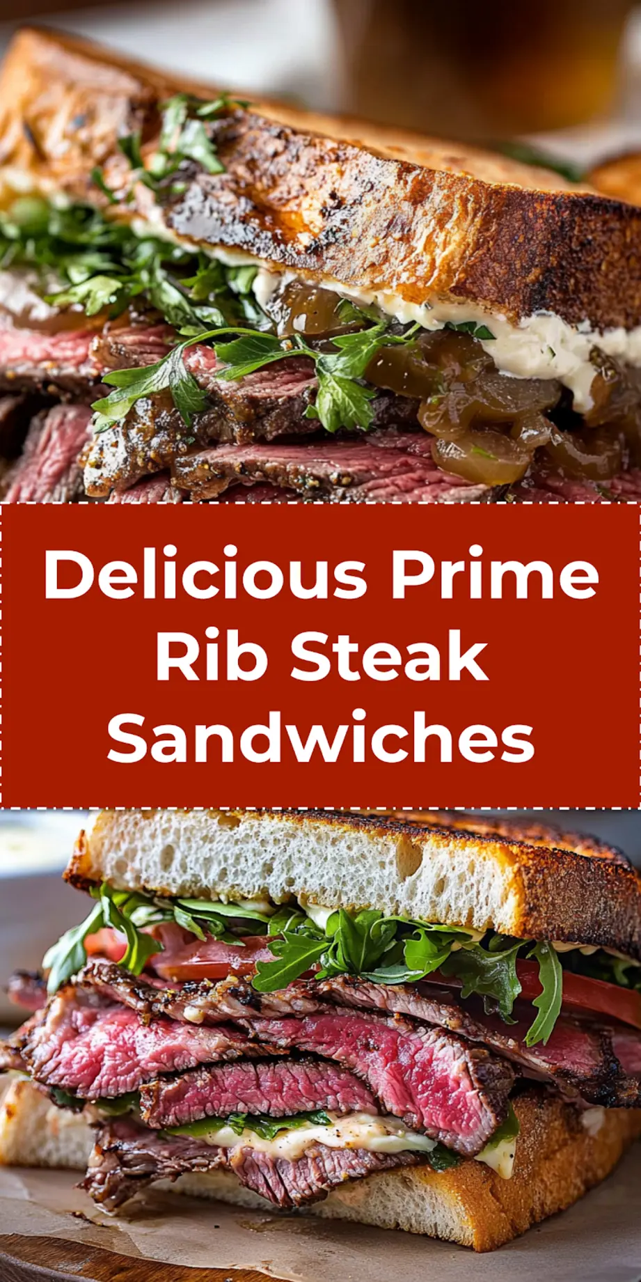 Fully assembled prime rib steak sandwich with melted cheese, arugula, and sauce on toasted baguette