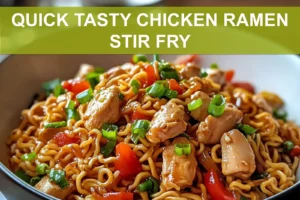 QUICK TASTY CHICKEN RAMEN STIR FRY vibrant plated stir fry on white napkin clear water glass