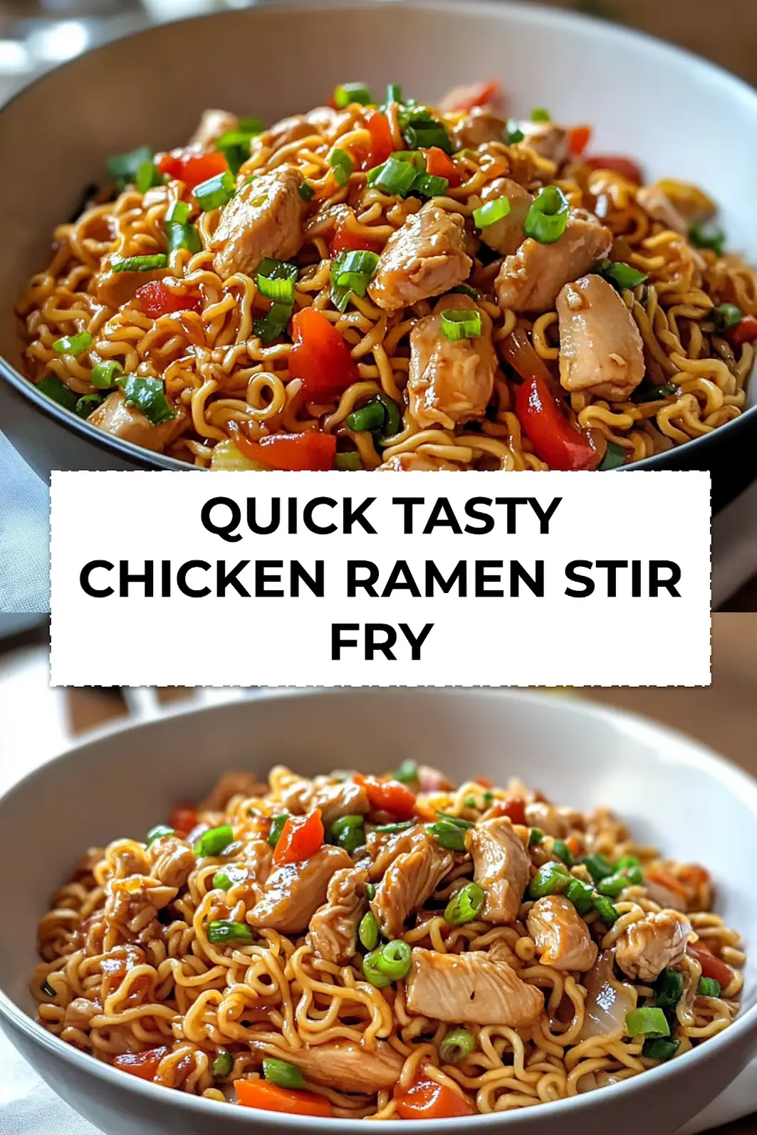 Plated QUICK TASTY CHICKEN RAMEN STIR FRY in white bowl with garnish and chopsticks on napkin