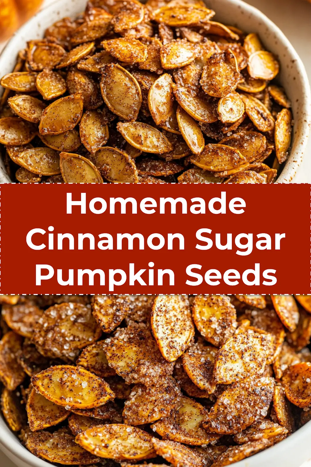 Roasted Pumpkin Seeds with Cinnamon Sugar shown on parchment after baking, golden and coated with sugar