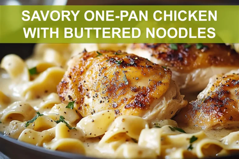 SAVORY ONE-PAN CHICKEN WITH BUTTERED NOODLES plated with egg noodles herbs butter warm glow