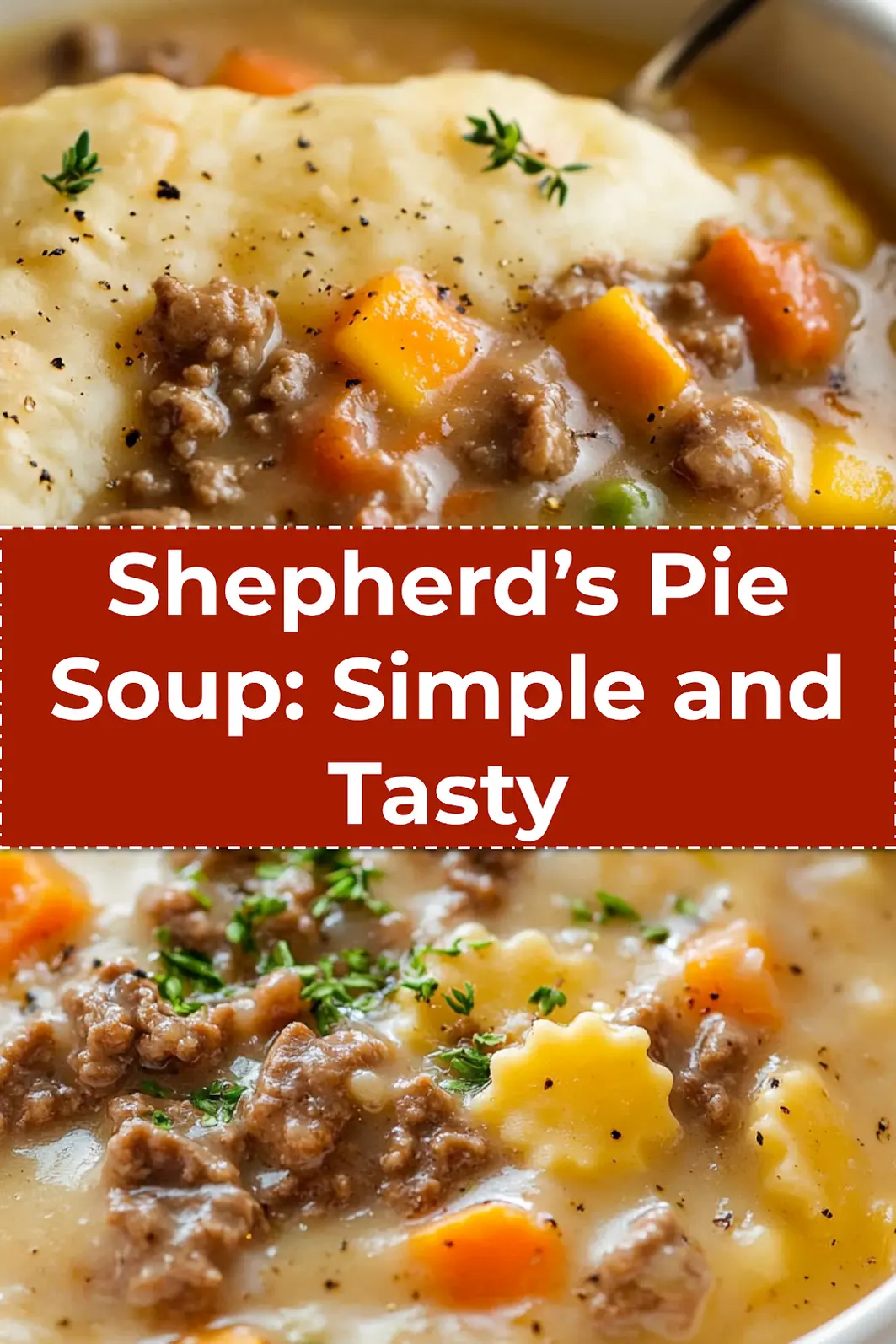 A bowl of Shepherd's Pie Soup with creamy mashed potatoes and melted cheddar on top