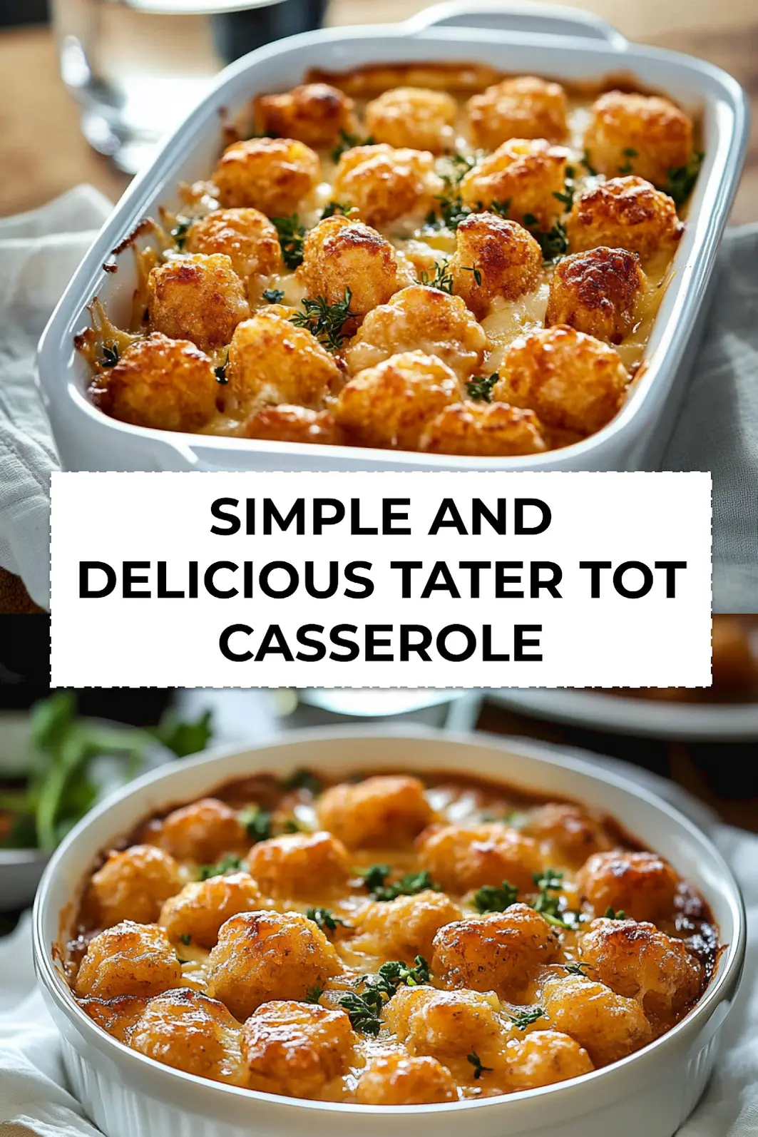 Simple and Delicious Tater Tot Casserole: Perfect Family Dinner 3 SIMPLE AND DELICIOUS TATER TOT CASSEROLE served fresh in a baking dish with golden tater tots and melted cheese garnished with herbs