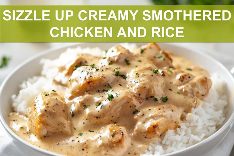 SIZZLE UP CREAMY SMOTHERED CHICKEN AND RICE plated creamy chicken and rice with herbs and peas