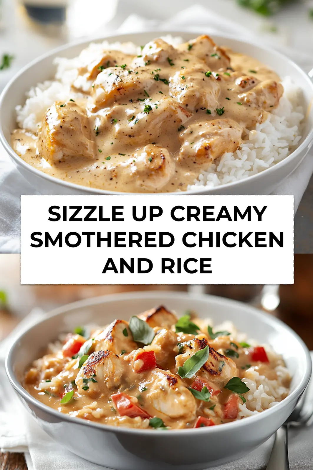 Overhead photo of creamy smothered chicken and rice plated with peas and herbs