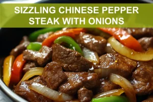 SIZZLING CHINESE PEPPER STEAK WITH ONIONS served with steamed rice green onions vibrant peppers
