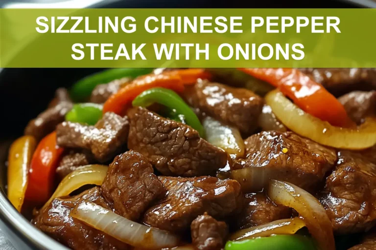 SIZZLING CHINESE PEPPER STEAK WITH ONIONS served with steamed rice green onions vibrant peppers