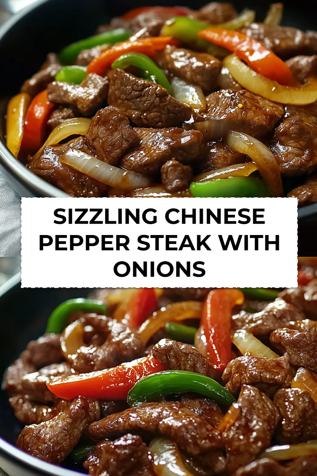 Final dish of Sizzling Chinese Pepper Steak with Onions served with rice, garnished with scallions and sesame seeds
