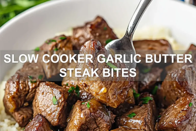 SLOW COOKER GARLIC BUTTER STEAK BITES centered hero view, clean and uncluttered