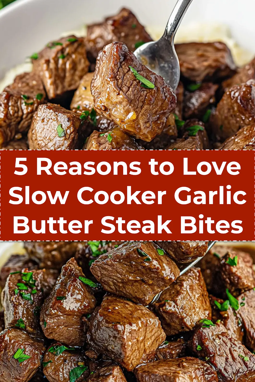 Slow Cooker Garlic Butter Steak Bites: Delicious & Easy Feast 3 Tender and juicy Slow Cooker Garlic Butter Steak Bites plated with mashed potatoes - dinner idea