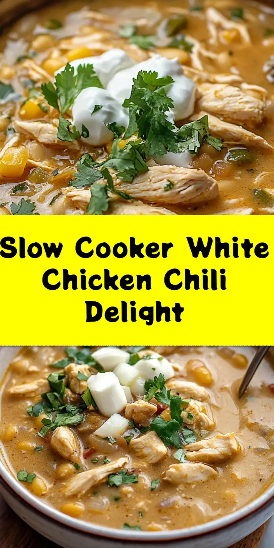 Finished Slow Cooker White Chicken Chili served with avocado, lime, and cilantro in a bowl for a comforting, cozy meal