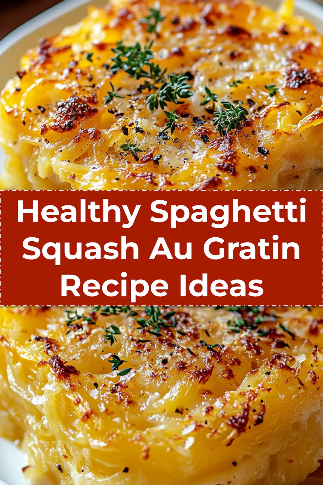 Finished Spaghetti Squash Au Gratin baked in white dish with crispy golden top ready to serve