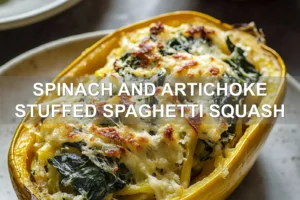 Spinach and Artichoke Stuffed Spaghetti Squash: Delicious Recipe SPINACH AND ARTICHOKE STUFFED SPAGHETTI SQUASH centered hero view, clean and uncluttered