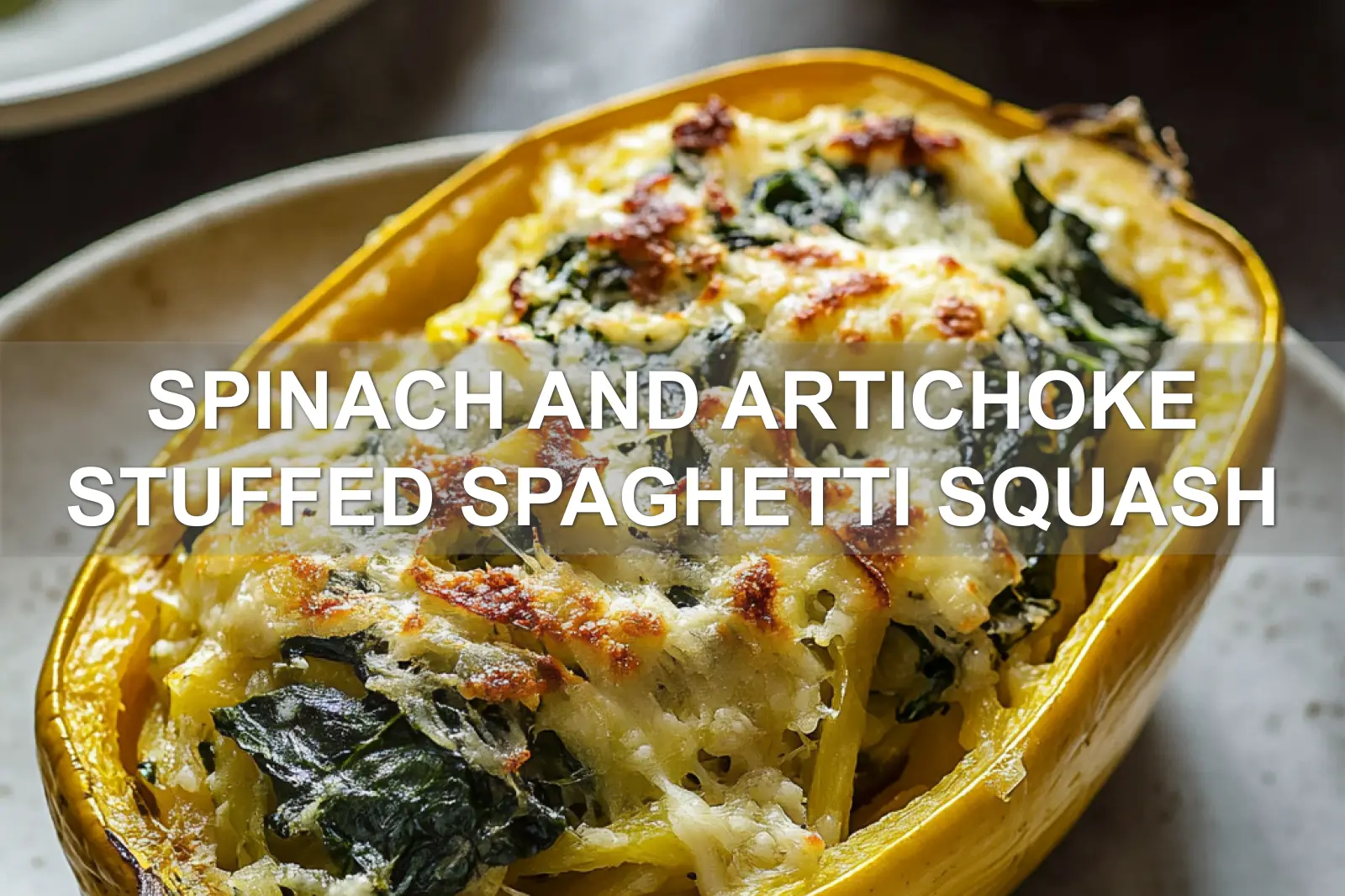 Spinach and Artichoke Stuffed Spaghetti Squash: Delicious Recipe 4 SPINACH AND ARTICHOKE STUFFED SPAGHETTI SQUASH centered hero view, clean and uncluttered
