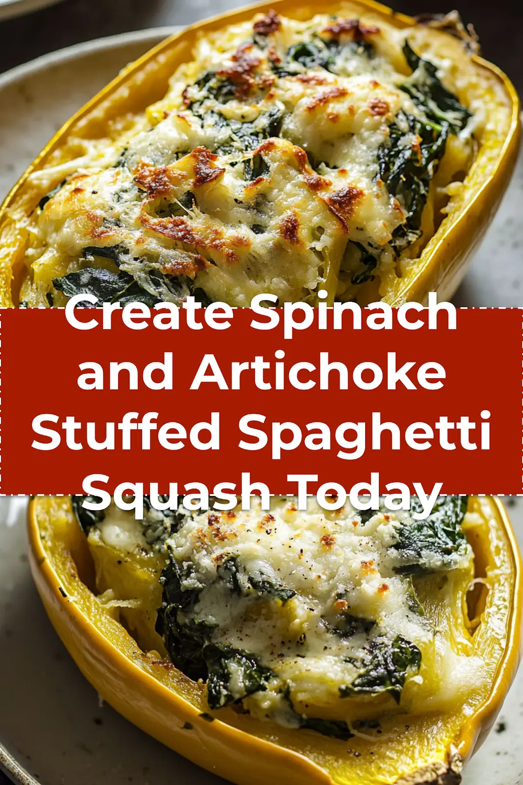 Spinach and Artichoke Stuffed Spaghetti Squash: Delicious Recipe 3 Pinterest-style image for Spinach and Artichoke Stuffed Spaghetti Squash, showcasing creamy baked filling inside squash shells