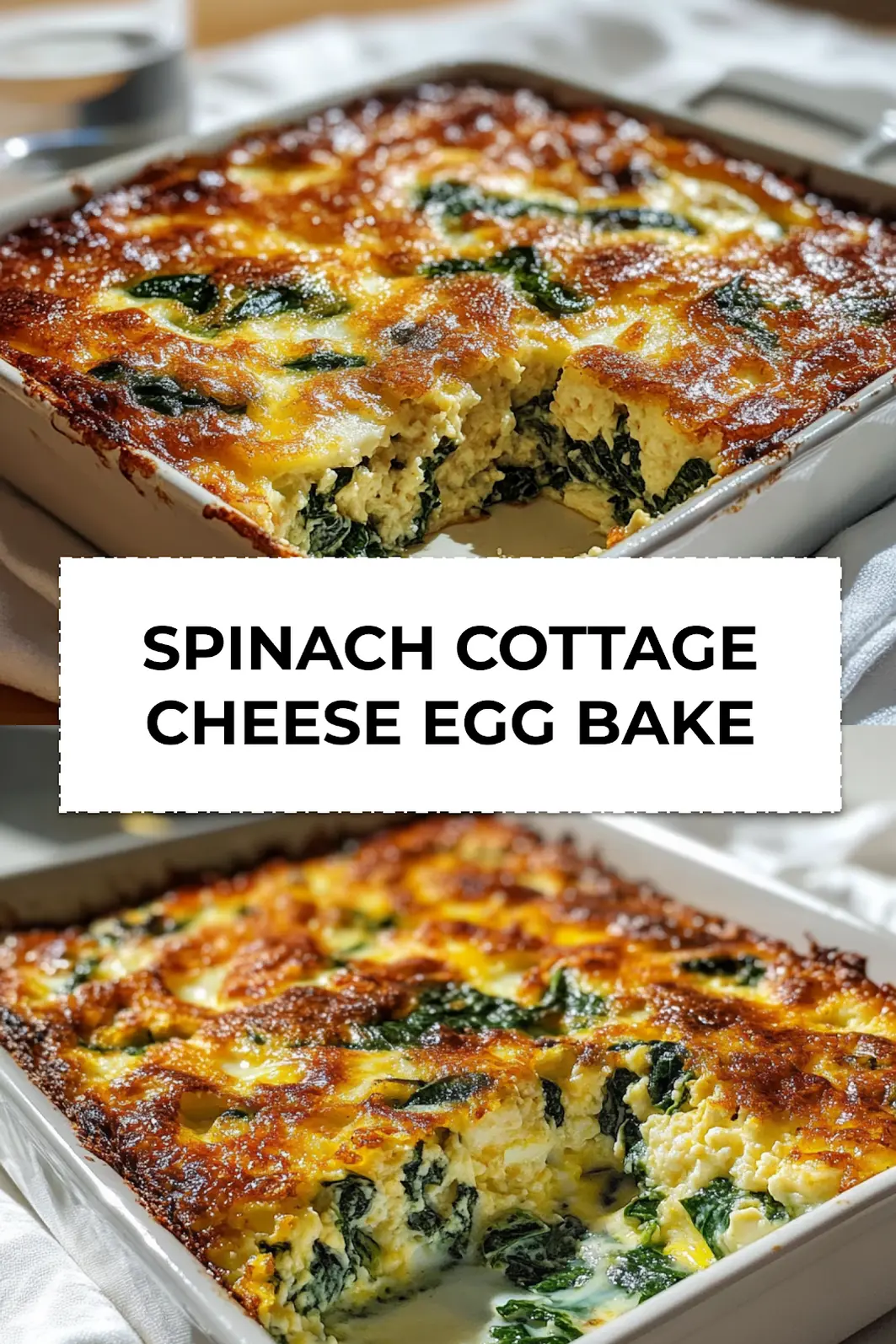 Spinach Cottage Cheese Egg Bake casserole cut into squares with golden tops on white plate ready to serve