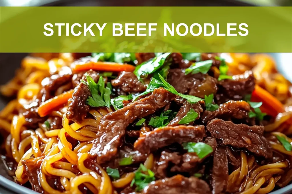 STICKY BEEF NOODLES close-up plated with sesame and green onions, warm natural light