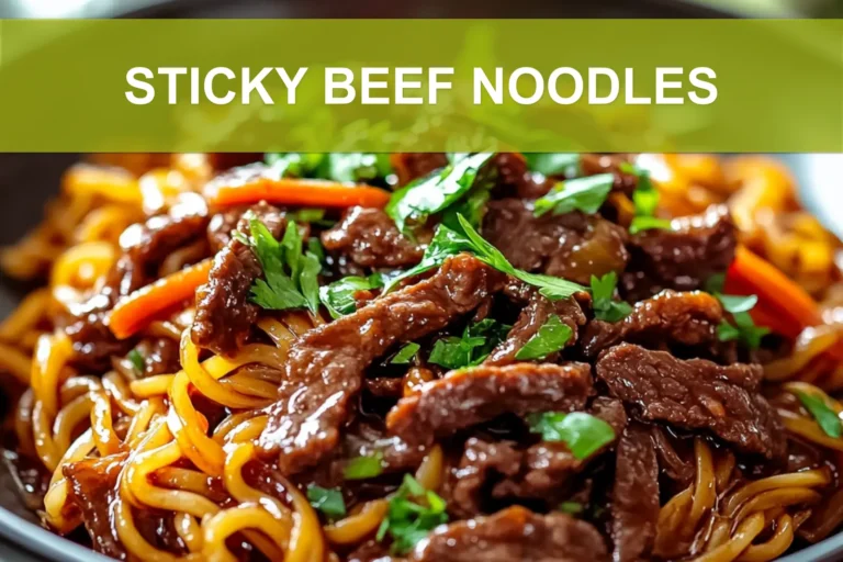 STICKY BEEF NOODLES close-up plated with sesame and green onions, warm natural light