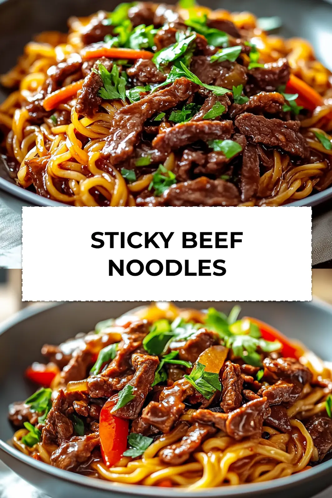 Sticky Beef Noodles close-up served with green onions and toasted sesame seeds, ideal for Pinterest sharing
