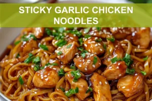 STICKY GARLIC CHICKEN NOODLES glazed chicken and noodles in warm bowl with green onions