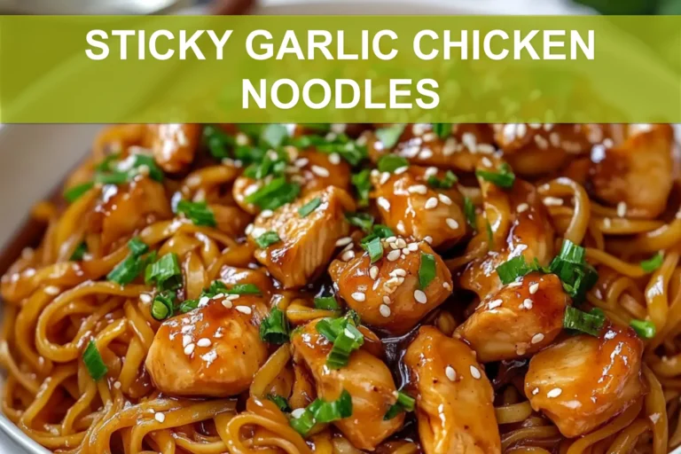 STICKY GARLIC CHICKEN NOODLES glazed chicken and noodles in warm bowl with green onions