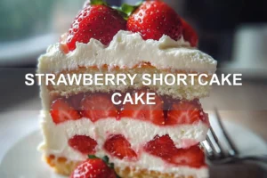 STRAWBERRY SHORTCAKE CAKE centered hero view, clean and uncluttered
