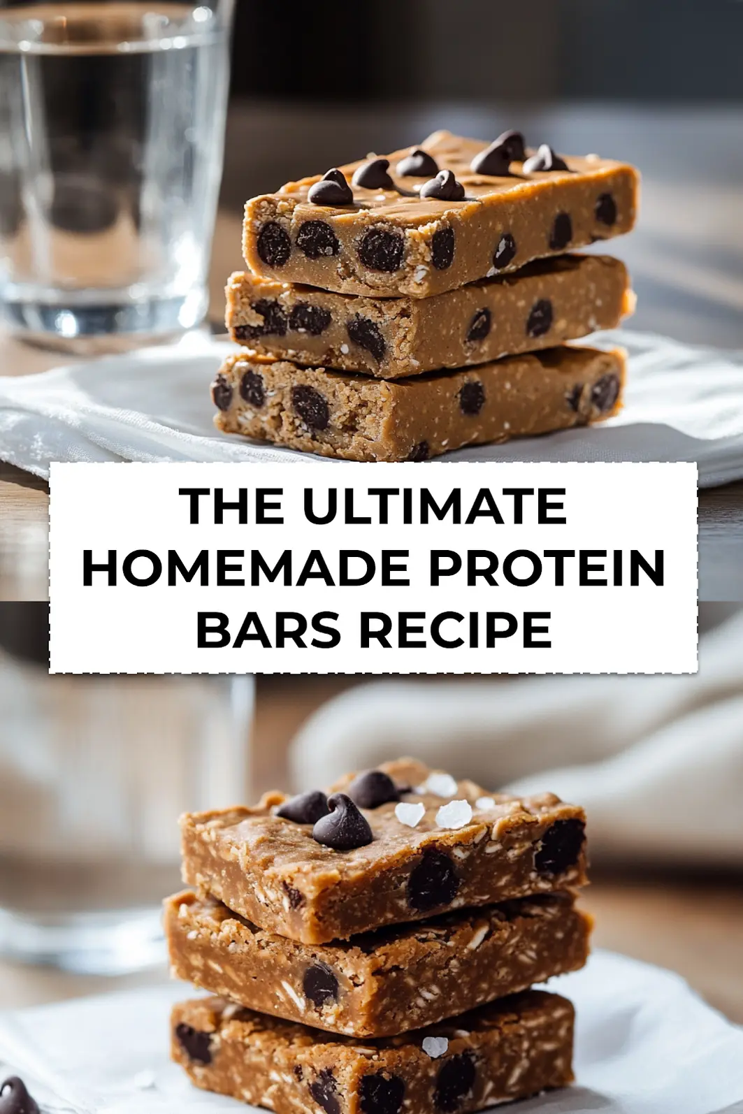 Pin image of ultimate homemade protein bars finished with dark chocolate topping and sea salt on a slab