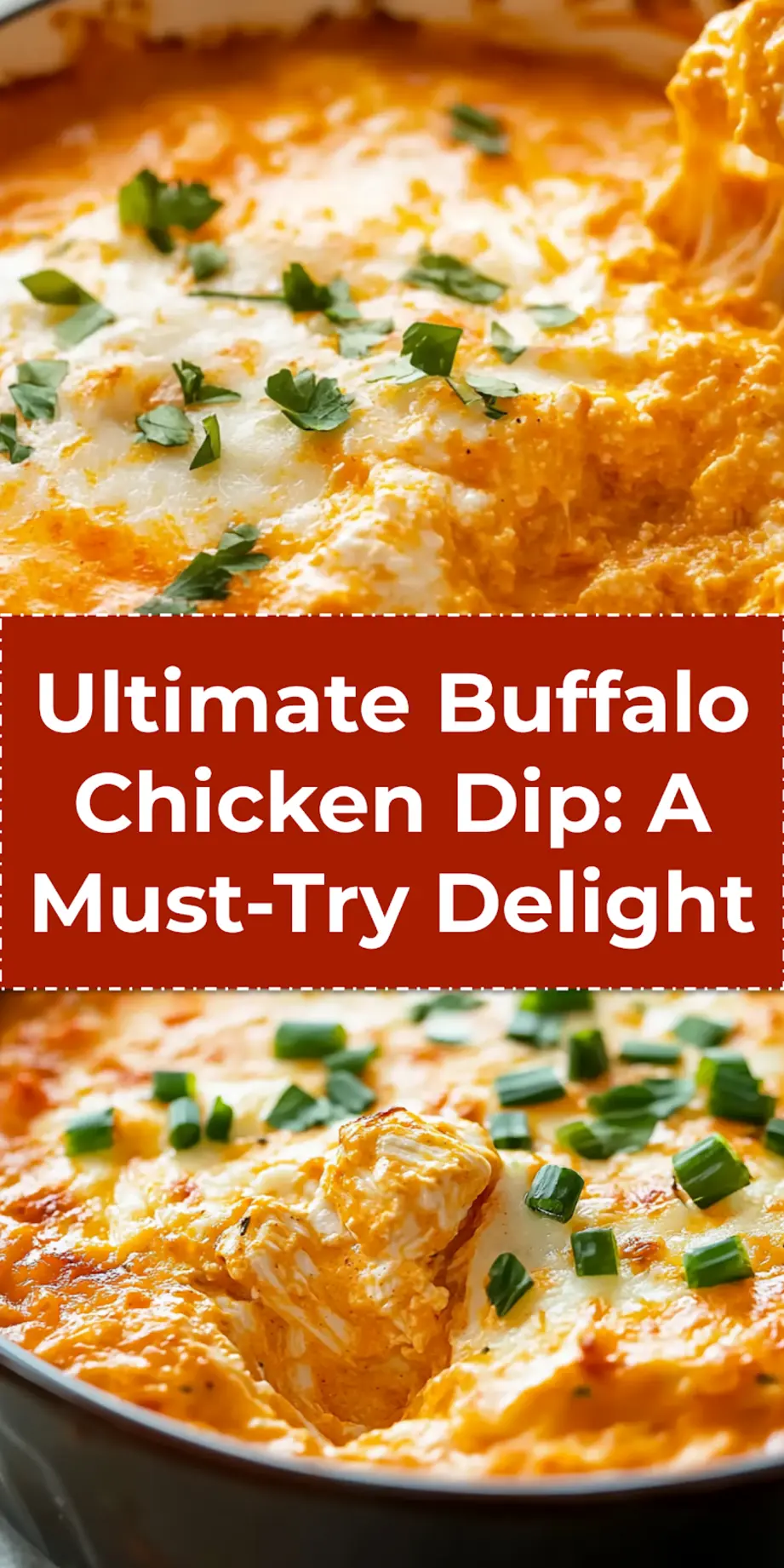 Baked Ultimate Buffalo Chicken Dip in dish ready for serving with chips, showing golden cheese topping