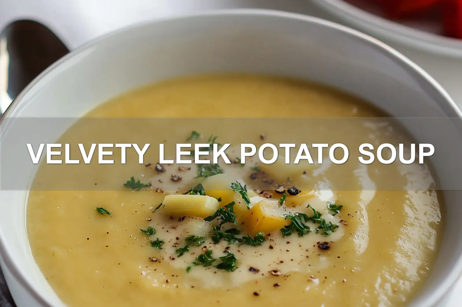 VELVETY LEEK POTATO SOUP centered hero view, clean and uncluttered