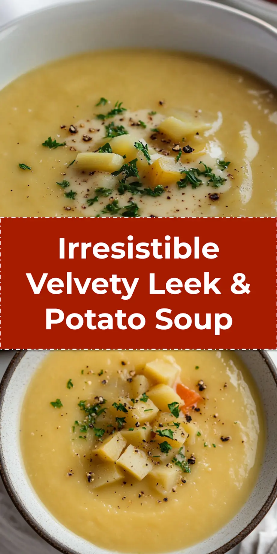 A bowl of finished Velvety Leek & Potato Soup topped with roasted red pepper strips and fresh herbs