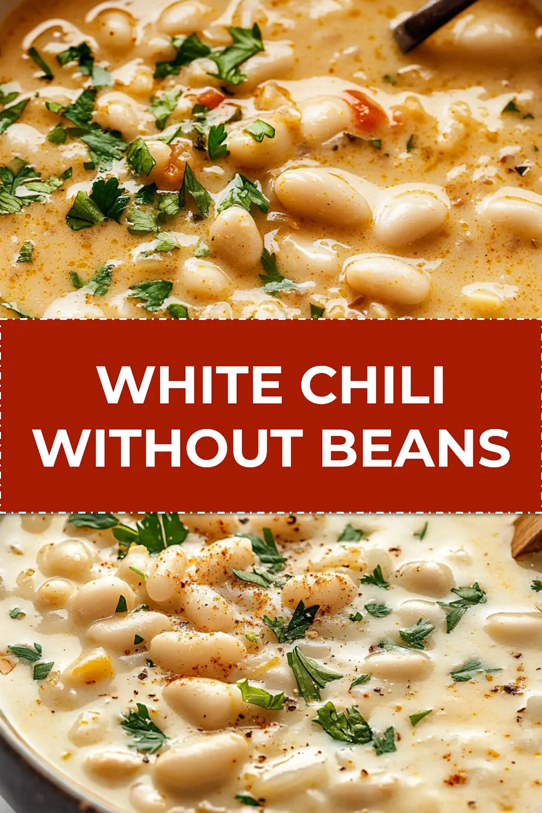 Bowl of white chili with creamy broth served with cornbread - perfect for weeknight dinner