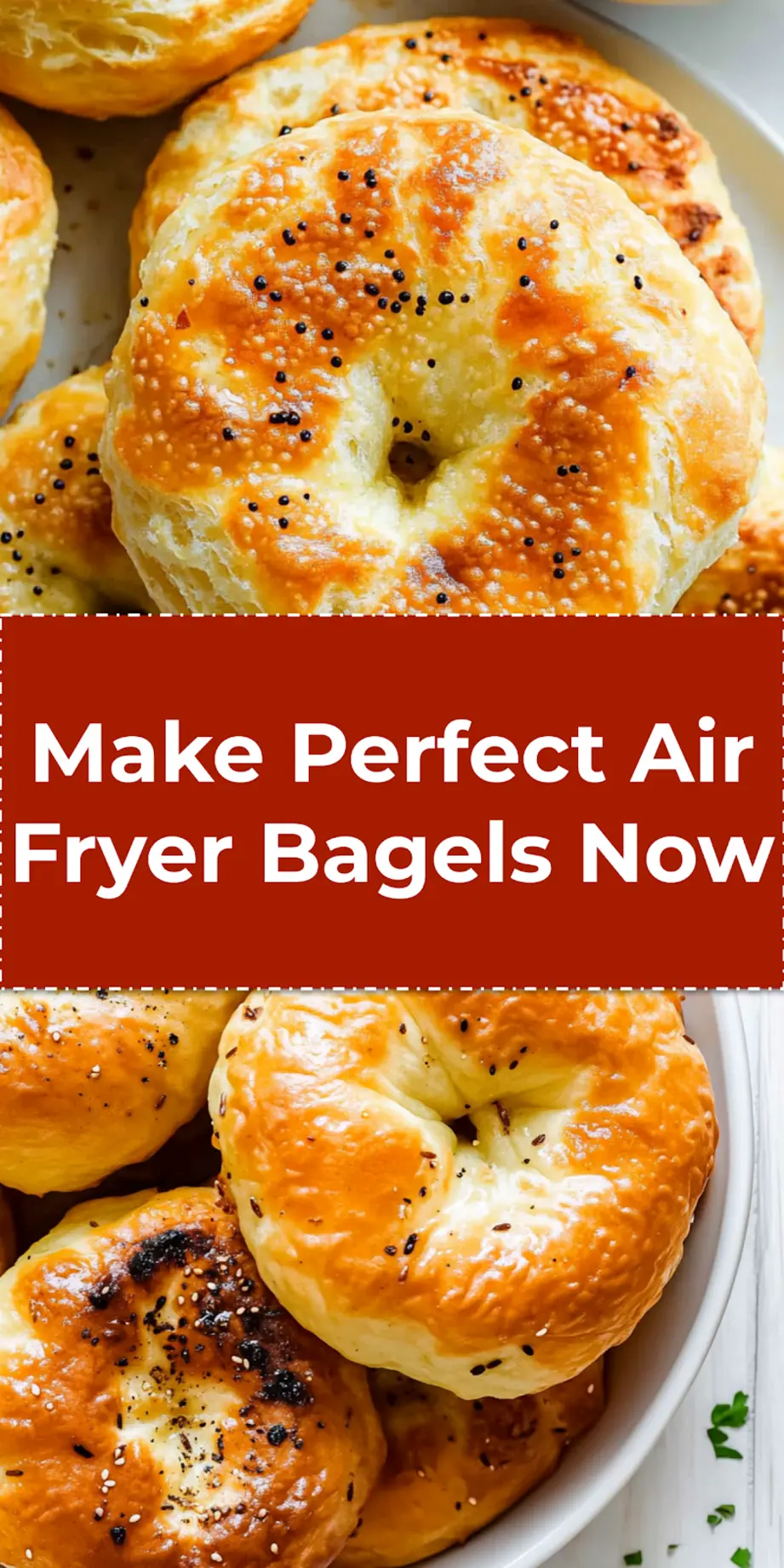 Close-up of freshly air-fried golden bagels, perfectly round and ready to be sliced, ideal for pinning to Pinterest recipe boards.