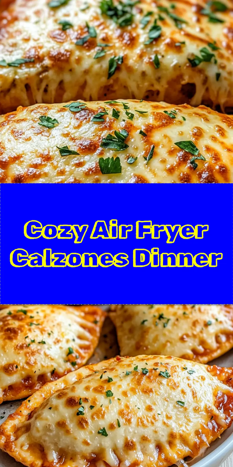 Perfectly golden brown Air Fryer Calzones, cooked to crispy perfection and served with a small bowl of marinara dipping sauce, ideal for a Pinterest recipe image.