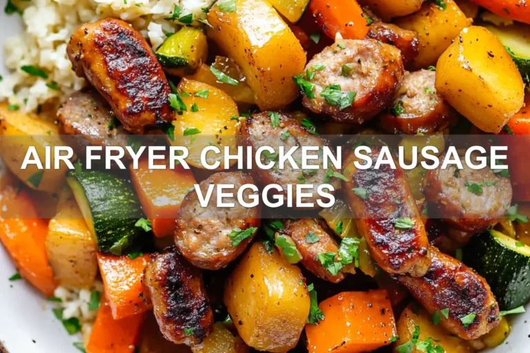 AIR FRYER CHICKEN SAUSAGE VEGGIES centered hero view, clean and uncluttered