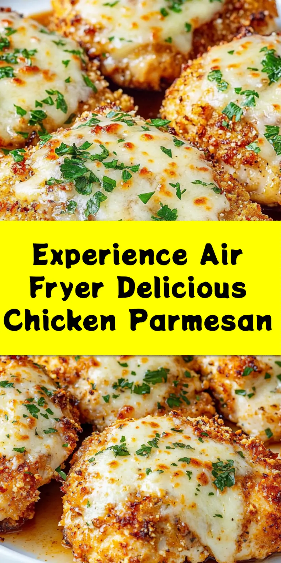 A visually appealing close-up of Air Fryer Chicken Parmesan, perfect for Pinterest, showing its crispy breading and melted cheese, ready to be pinned.