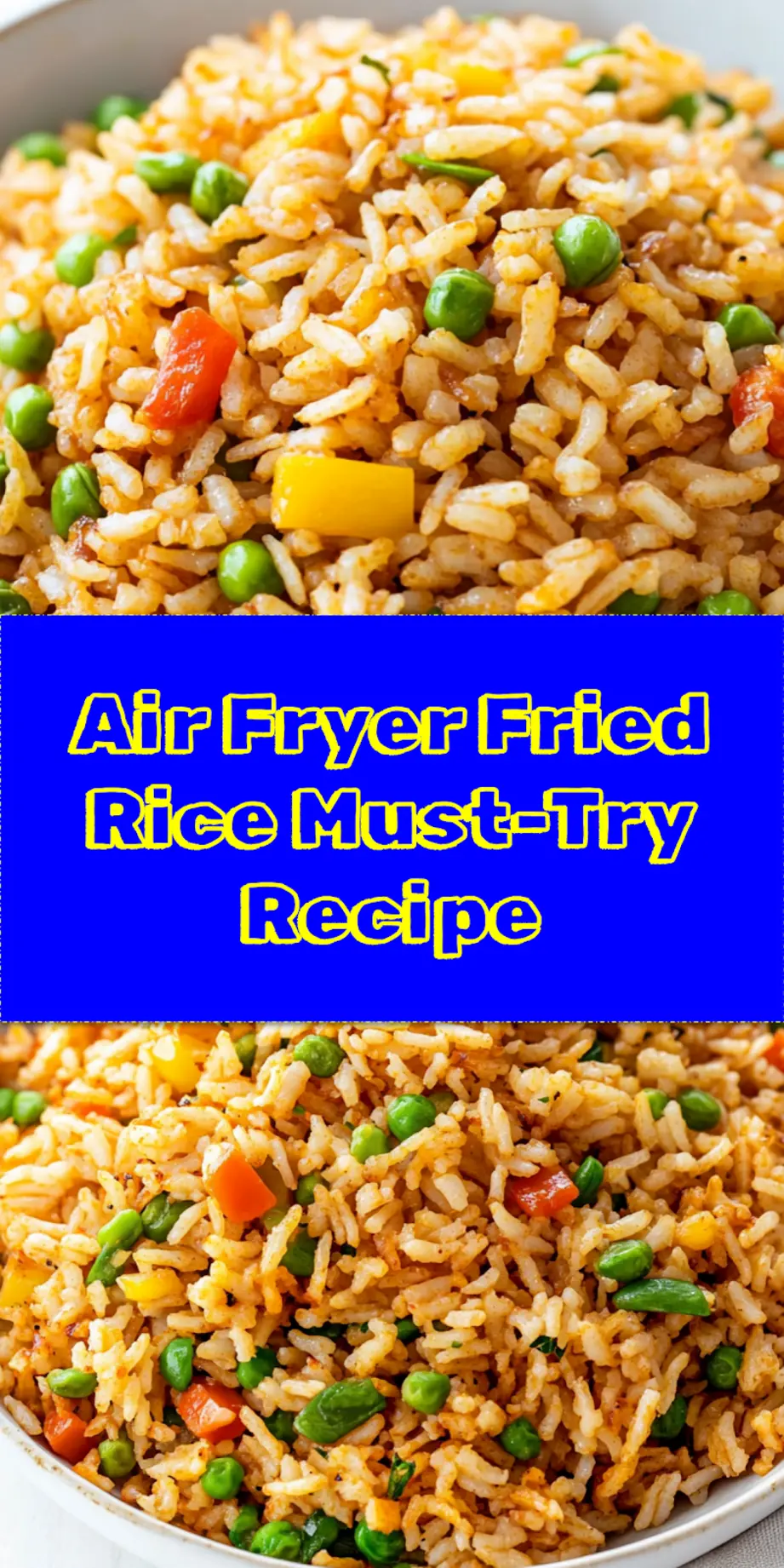 Overhead shot of freshly cooked Air Fryer Fried Rice in a rustic bowl, with chopsticks, ideal for Pinterest sharing.